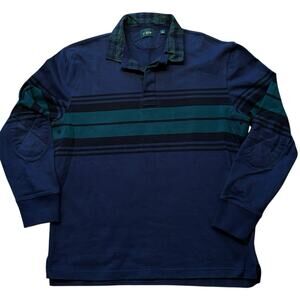 J. Crew Oarsman Rugby Medium Black Watch Placket Collar Navy Green Black Stripes